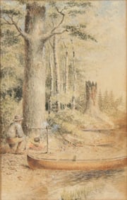 Gentleman Camping by River with Canoe, Watercolor on Paper