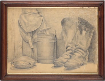 Still Life with Boots and Saddlebag, Pencil on Paper