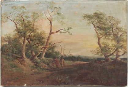 Two Figures on a Wooded Path, Oil on Canvas