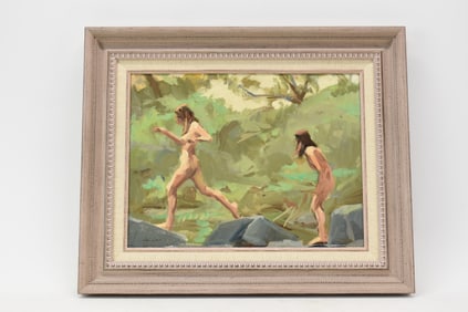 Oil on Canvas of Female Nudes Jumping Rocks