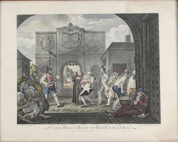 After William Hogarth, 1697-1764, O the Roast Beef of Old England, Hand Colored Etching and