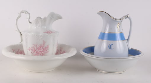 Two Set of Porcelain Pitchers and Wash Bowls