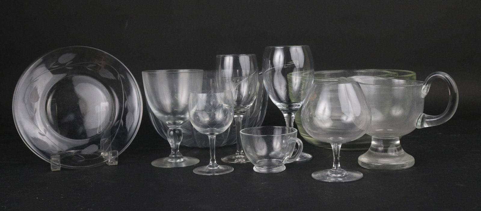 Large Group of Assorted Glass Stemware and Serving Articles: Large Group of Assorted Glass Stemware and Serving ArticlesLarge Group of Assorted Glass Stemware and Serving Articles. Including Pair of Baccarat Cognacs, Wine glasses, two vintage Pyrex Westinghouse