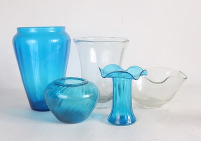 Group of Colored and Colorless Glass Vases and Bowl