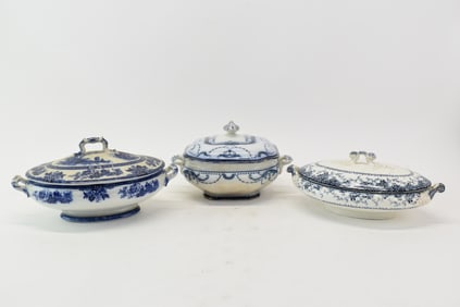 Antique Group of 3 Assorted Blue Transferware Tureens