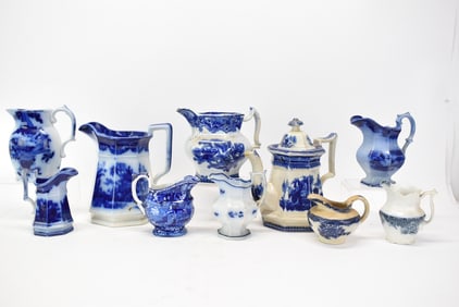 Antique Group of 9 Blue and White Decorated Pitchers