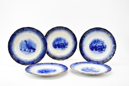 Set of 5 La Belle Blue and White Turkey Dinner Plates