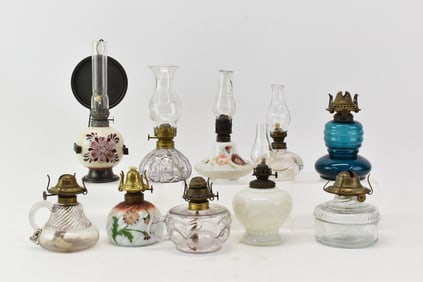 Antique Group of 8 Assorted Diminutive Glass Oil Lamps
