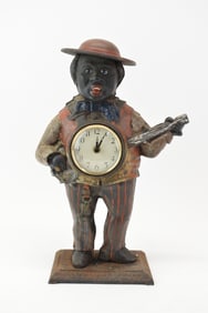 Vintage Black Americana Cast Iron Banjo Player Clock