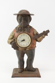 Vintage Black Americana Cast Iron Banjo Player Clock