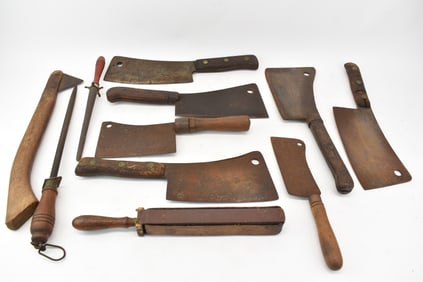 Vintage Group of Assorted Meat Cleavers and Sharpeners