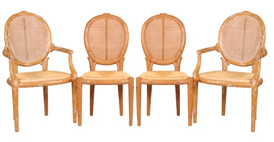 Four Faux Bois Rush Seat Dining Chairs