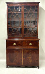 George III Inlaid Mahogany Secretary Bookcase Cabinet: George III Inlaid Mahogany Secretary Bookcase CabinetGeorge III Inlaid Mahogany Secretary Bookcase Cabinet in two parts. Used condition 91" tall x 14 1/4" x 47 3/4"