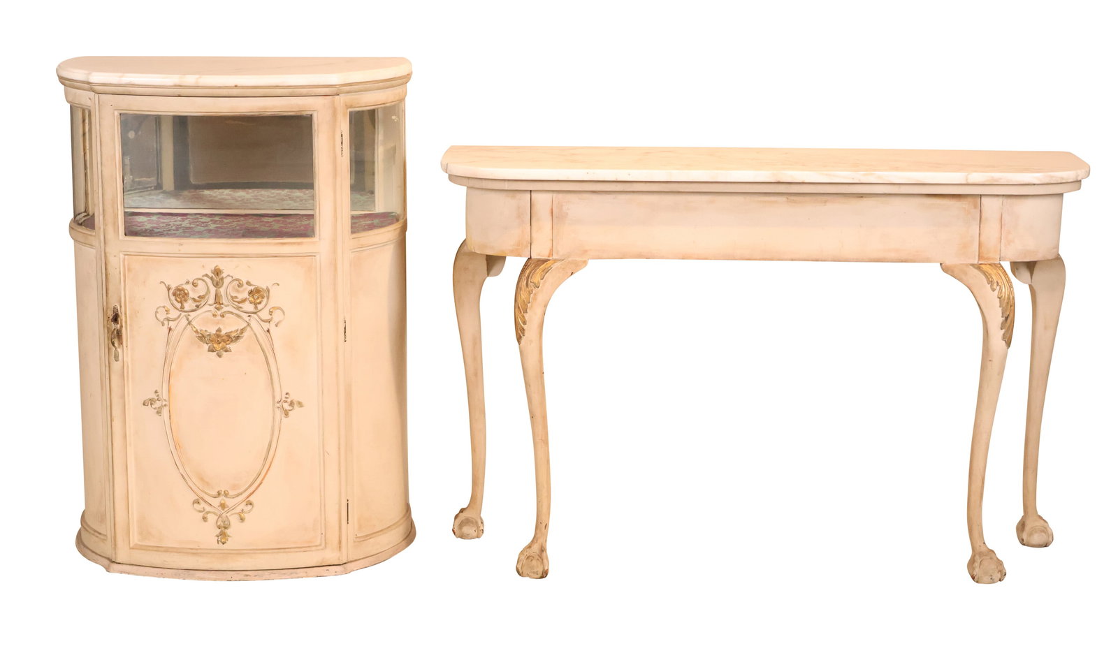 Neoclassical Style Parcel-Gilt White Painted Display Cabinet: Neoclassical Style Parcel-Gilt White Painted Display CabinetTogether with a similar pier table. 2 piecesCabinet: 39 1/4 x 28 1/2 x 17 1/4 in. (99.7 x 72.4 x 43.8 cm.), Table: 32 1/2 x 50 x 15 in. (82.