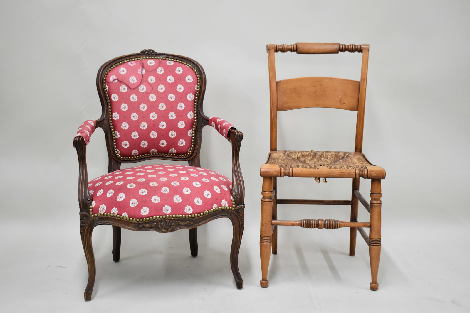 Louis XV Style Fauteuil: Louis XV Style Fauteuil Louis XV Style Fauteuil with finger carved arms. Together with a Rush seat side chair. Used condition, wear, worn, stains to fabric. Fauteuil measures 33 1/4" tall x 23 1/