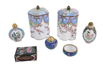 Seven Chinese Canton Enamel Table Articles
