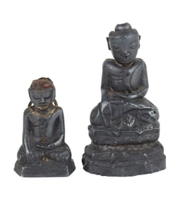 Two Silvered Figures of Seated Buddhas