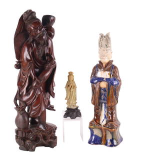 Chinese Glazed Earthenware Tomb Figure: Chinese Glazed Earthenware Tomb FigureTogether with a Chinese carved soapstone figure of a woman and a Chinese carved hardwood figure of a fisherman. 3 piecesFrom: 9 3/4 x 4 in. (24.8 x 10.2 cm.), to