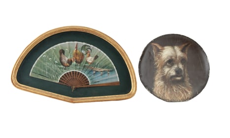 Framed Painted Fan, Depicting Chickens