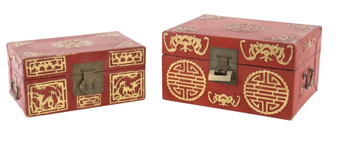 Two Chinese Red and Gold Painted Valuables Boxes