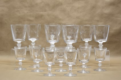 Vintage Set of 17 Steuben Monogrammed Drinking Glasses