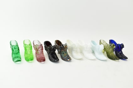 Group of 10 Assorted Fenton Daisy Button Glass Shoes