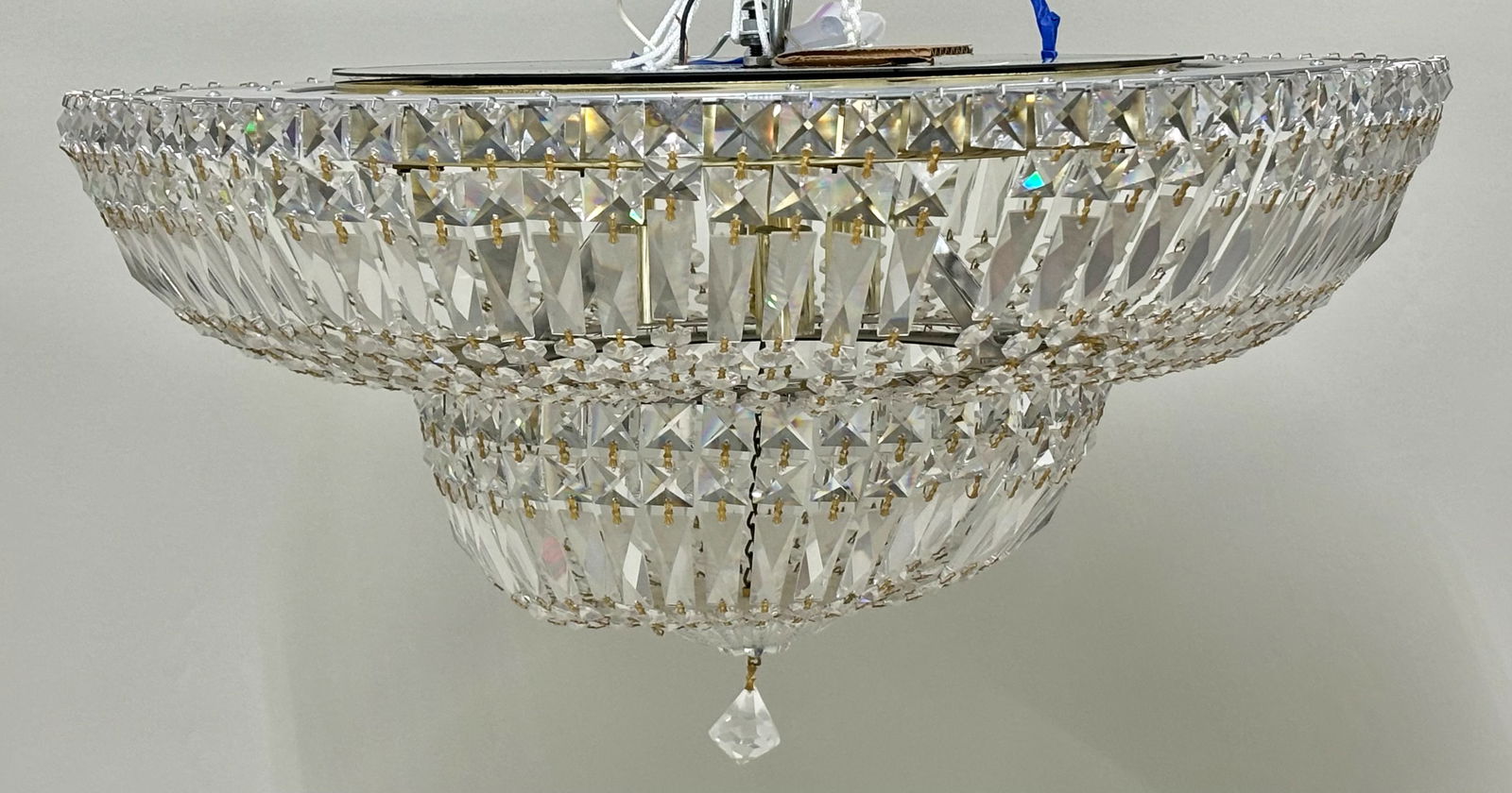 Schonbek Style Flush Mount Lighting Fixture: Schonbek Style Flush Mount Lighting FixtureSchonbek Style Flush Mount Lighting Fixture. Used unknown working condition, missing some crystals. 13" tall x 24 1/2" dia