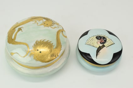 Two Porcelain Dresser Boxes with Asian Inspired Decoration