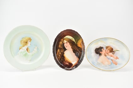 Group Of Three Hand Painted Limoges Portrait Platters