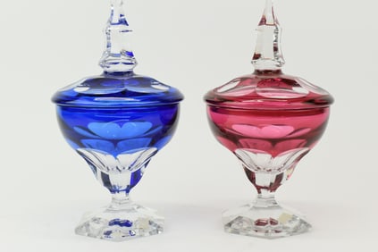 Pair of Val St Lambert Covered Glass Compotes