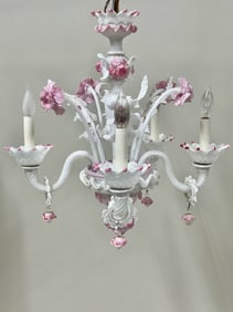Vintage Venetian White and Pink Four Light Chandelier