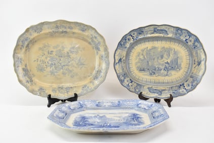 Antique Group of Three Blue and White Transferware Platters