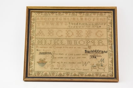 Antique Framed 19th C Needlework Sampler by Sarah Crans