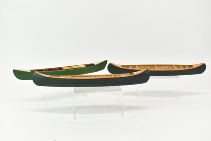 Group of Three Diminutive Wooden Green Painted Canoes