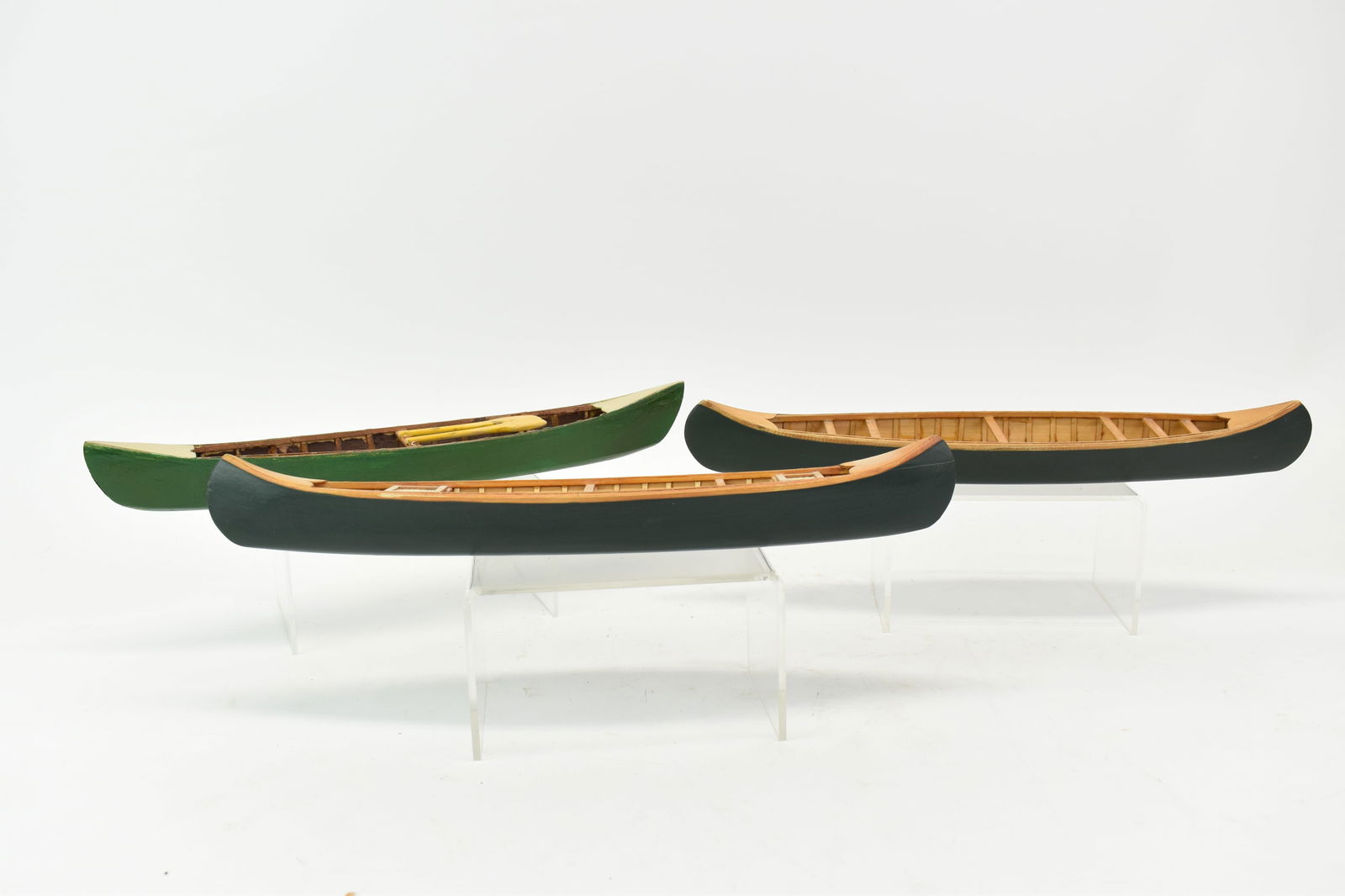 Group of Three Diminutive Wooden Green Painted Canoes (1 of 8)