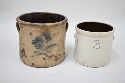Antique Blue Flower Decorated Stoneware Crock