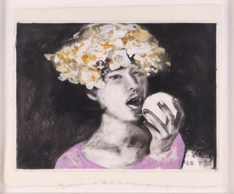 Woman Eating an Apple, Mixed Media on Paper