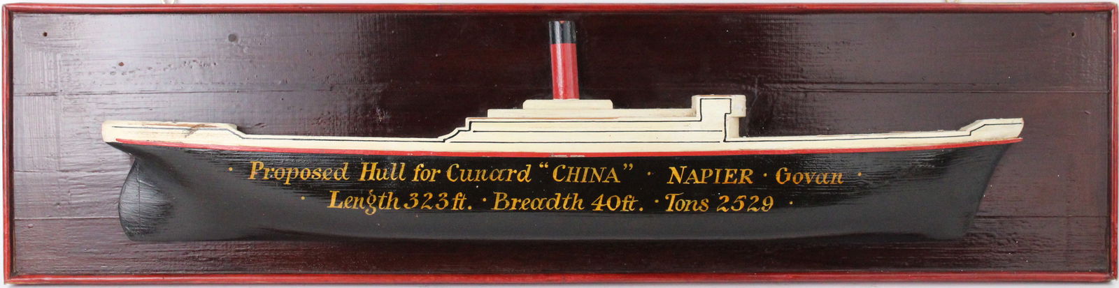 English Vintage Painted Half Hull Model: English Vintage Painted Half Hull Model19th/20th C."Proposed Hull for Cunard 'China' Napier Govan Length 323ft. Breadth 40ft. Tons 2529."Provenance: eBay, 2010The China was a steamship built