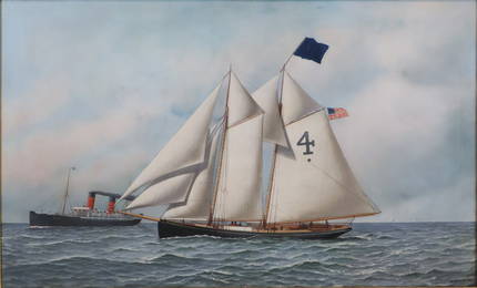 Antonio Jacobsen, Hoboken, NJ 1850-1921, A.M. Lawrence and Campania, Oil on Canvas