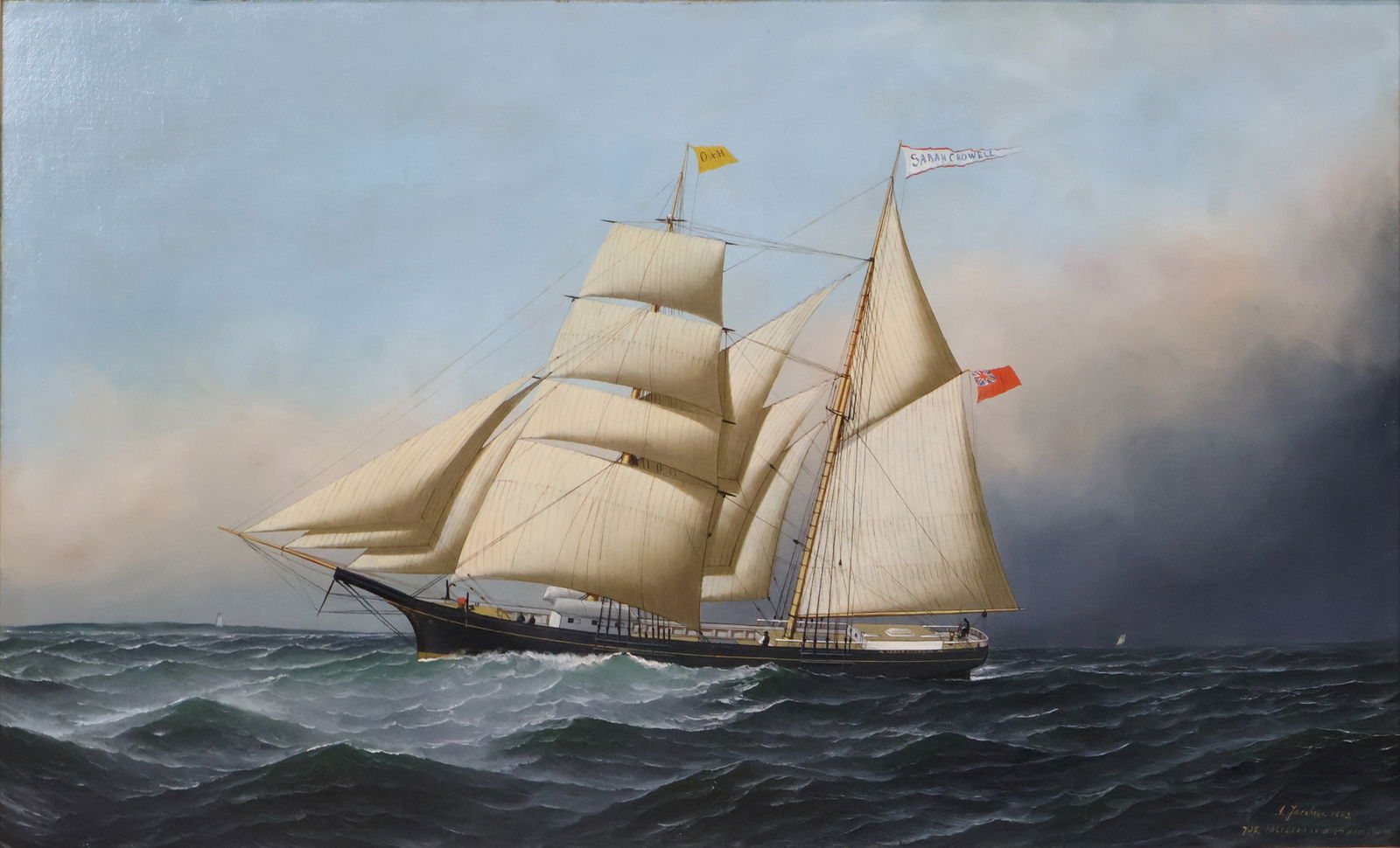 Antonio Jacobsen, Hoboken, NJ 1850-1921, British Hermaphrodite Frig Sarah Crowell: Antonio JacobsenHoboken, NJ, 1850-1921British Hermaphrodite Frig Sarah CrowellSigned and dated 1882, l.r.Provenance: Quester Gallery, Stonington, CTSight 22 x 36 in. (55.9 x 91.4 cm.), Overall 29 1/2