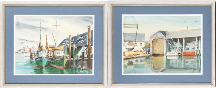 Rupe Bing, Two Dock Scenes, Watercolors