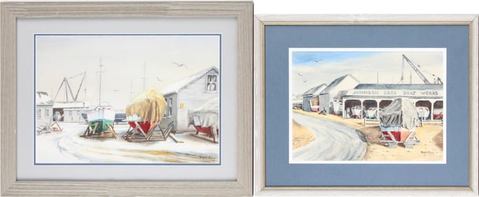 Rupe Bing, Two Boatyard Scenes, Watercolors