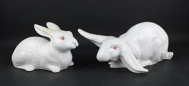 Two French Bavent Glazed Terracotta Bunny Rabbits
