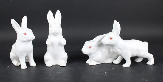 Four French Bavent Glazed Terracotta Bunny Rabbits