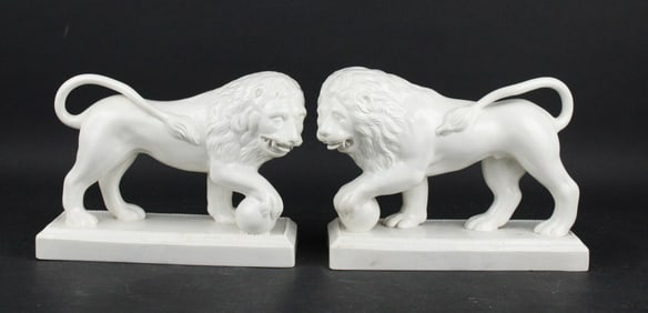 Pair of Staffordshire White Glazed Lions