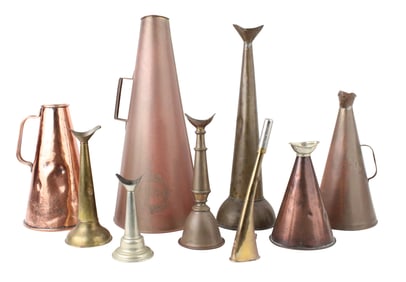Collection of Copper and Brass Bull Horns and Fireman Horns