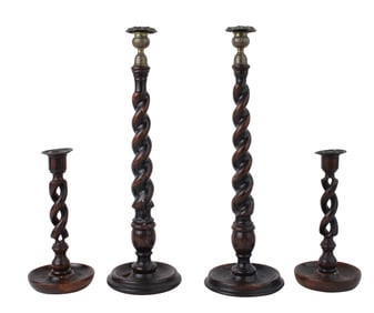 Two Pairs of Georgian Turned Oak Barley Twist Candlesticks