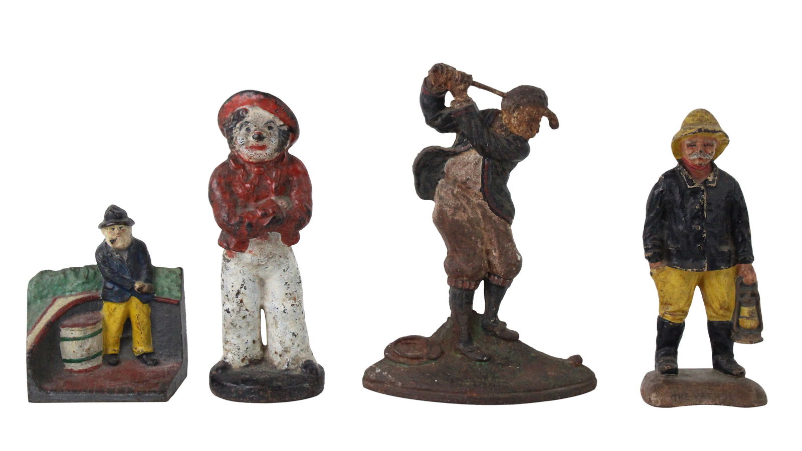 Four Figural Painted Cast-Iron Doorstops: Four Figural Painted Cast-Iron DoorstopsComprising, a golfer, a sailor, "The Patrol", and a fisherman on the bow of his ship.Losses, wear, surface distress.Largest: 10 x 7 1/2 in. (25.4 x 19