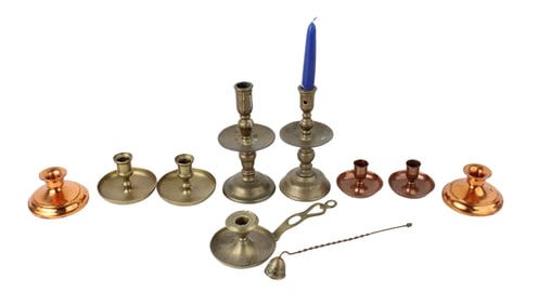 Nine Brass and Copper Candlesticks