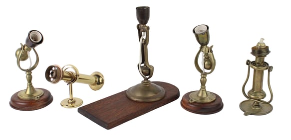 Five Brass Gimballed Ship's Bulkhead Lamps